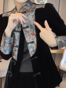 Chinese Style Traditional Jacquard Stitching Shirt Womens New Arrival Retro Fashion Buckle Slim Looking Fancy Velvet Shirt