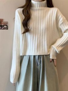 Chic High Collar Short Knitted Sweater Women Autumn Winter Thickened Loose Korean Style Knitting Top for Small Figures