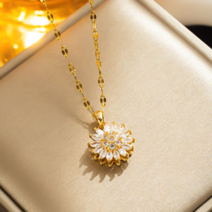 Classic Sunflower Cubic Zirconia Pendant Necklaces For Women Gold Color Alloy Rotate Necklace Daily Jewelry