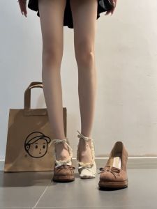 Commute High Heels Womens 2025 New French Style Butterfly Knot Slip-on Velvet Shoes round Toe Thick Heel Rubber Sole