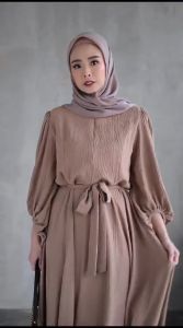 Gamis Elegan Crinkle Modern 2024 - Dress Wanita Muslim Lebaran Warna Solid