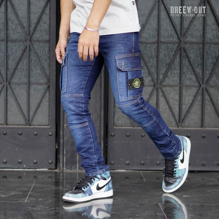 Celana cargo jeans pria panjang slimfit celana jeans cargo pria