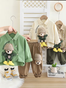 Spring Autumn Casual Bear Print Two-Piece Set for Boys New 2025 Fashionable Cotton Shirt And Pants Ensemble for Kids