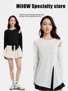 MiiOW | Áo thun nữ hai mặt Lenzing MiiOW mùa hè 2025 Áo thun dài tay thường màu trơn cổ tròn dáng rộng thoáng khí