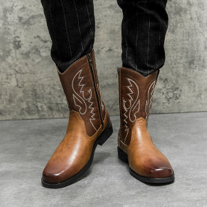 NUDANLAI | Vintage American Boots Mens Western Cowboy Work Boots Embroidered Side Zipper High Shaft Riding