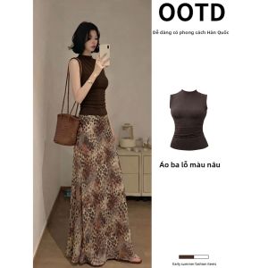ZUKUN | Bộ Đầm Xòe Dài In Bông Báo Màu Nâu Không Tay
