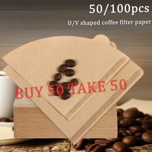 【BUY 50 TAKE 50】100PCS Coffee Paper Filter For Coffee Hand-poured Coffee Filter Drip Fan&Round Aeropress Filter Pour coffee filter paper hand punch Cone Shape American coffee machine filter paper Size Wood Pulp