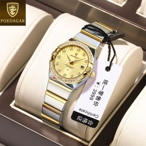 นาฬิกาข้อมือหรูหรา POEDAGAR ยอดนิยมสำหรับกันน้ำสำหรับผู้หญิงขาย2024นาฬิกาเพชรทังสเตนแบบดั้งเดิมสไตล์เกาหลีแบบจำนำได้สง่างามปฏิทินเพชรเรืองแสงสีทอง