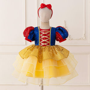Elegant Snow Princess Party Girls Dress Bow Birthday Bridesmaids Dresses Girls Sequin Tulle Wedding Halloween Christmas Costumes