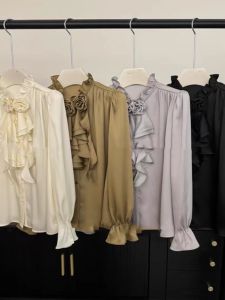 Spring 2025 New Style Small Fragrance Wind Bell Sleeve Chiffon Shirt Womens Fashionable Ruffle Hem Long Sleeve Button up Top