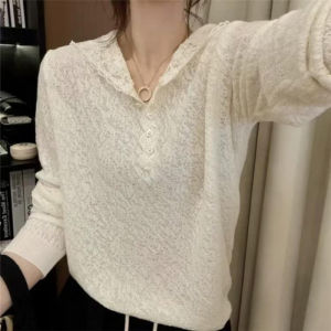 Áo Len Dệt Kim Kiểu Pháp Rộng Rãi Dành Cho Nữ Mùa Xuân 2025 Áo Lót Bên Trong Có Viền Ren Khoét Rỗng Có Mũ Trùm Đầu Áo Chui Đầu