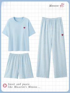 MiiOW | Pure Cotton Summer Sleepwear Womens Loose Short Sleeve Home Clothes Three-Piece Set Comfortable Breathable Lightweight Set