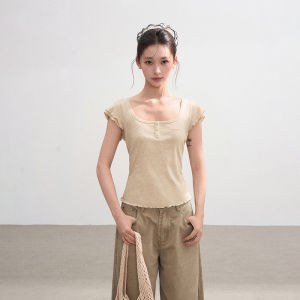 BAIDAIFEI | False Two-piece Square Collar Lace Edge T-shirt Female Summer Slim Fit Short