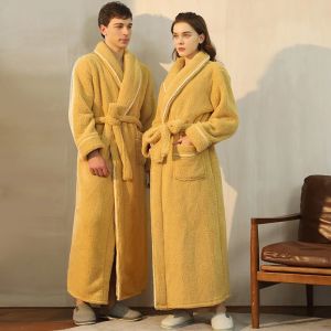 2026 Mens and Womens Styles Winter Bathrobe Long Sleeve Warm Turn Down Collar Fluffy Bath Robe with Sashes Solid Fleece Gown 2026
