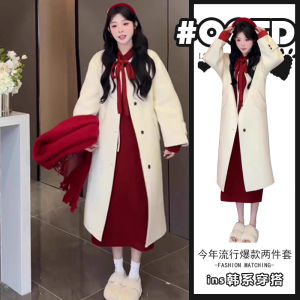 Red Hooded Sweater Dress Midi Length Two Piece Set Fashionable Versatile Autumn Winter French Girl Style Coat Jacket Outfit