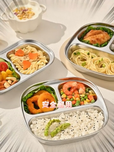 ถาดใส่อาหาร พร้อมฝาปิด ถาดข้าวนักเรียน ทำจากสแตนเลส กล่องข้าว 3 ช่อง ก้นลึก4ซม. จานหลุม