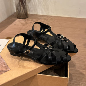 YX | Vintage Woven T-Strap Peep Toe Coarse Heel Roman Sandals