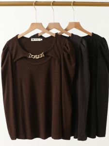 Hollow out Elastic Chain Base Shirt Long Sleeve round Neck T-Shirt plus Size Womens Slimming Top OL Style Straight Cut Spring