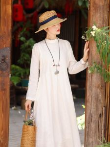 ชุดเดรสยาวผ้าลินินสีพื้นทรงหลวมสำหรับผู้หญิงในฤดูร้อนและฤดูใบไม้ร่วง เดรสยาวผ้าฝ้ายลินินสไตล์วิทยาศาสตร์และศิลปะ