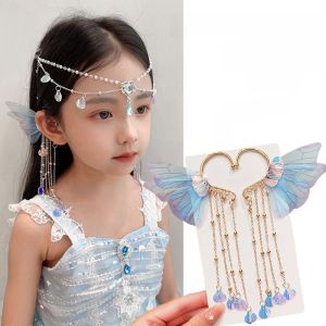 Girls Mermaid Tassel Hair Accessories Fairy Princess Style Forehead Chain Headwear Little Girl Elegant Butterfly Hair Clip