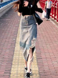 High Waist Denim Skirt Womens Summer Fashion Retro Tassel Design Slimming Mid-Length Wrap around Skirt Korean Style Half-length Skirt