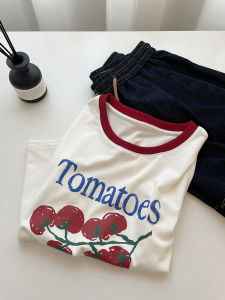 Limbo Home. White Contrast Color round Neck Tomato Print Short-Sleeved T-shirt Female Summer Silm Slimming and Short Casual Tops