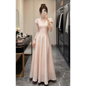 Karrar betsey | French Elegant Pink Puffed Sleeve Summer Long Dress