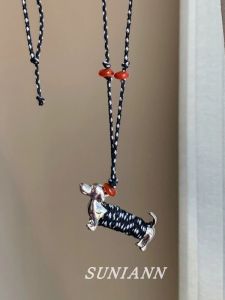 Long Metal Sausage Dog Pendant Necklace Womens High-End Feelings Knitted Rope Pendant Necklace Cute Accessory for Sweater