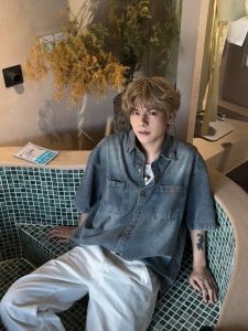 Loose Casual Mens Denim Shirt Short Sleeve American Retro Washed Cement Dyeing Style Summer Wearable Youth Popular Loose Fit