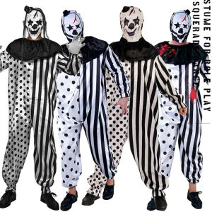 ชุดจั๊มสูทปีศาจฮาโลวีนสำหรับผู้ใหญ่ชุดตัวตลกโจ๊กเกอร์ชุดคอสเพลย์ผู้หญิงละครสัตว์สีดำสีขาว