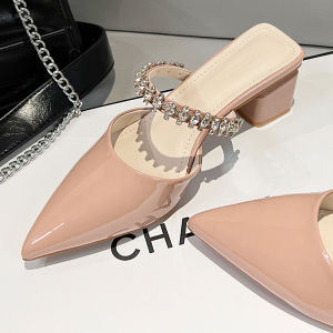 French Elegant Summer Thick Heel Diamond Pointed Toe Slippers Outdoor Wearable Half Slippers Fashionable Street Style Slip-On Shoes