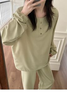 Cloud Sensation หลวม แขนยาว ชุดนอน ชุด ฤดูใบไม้ผลิ ฤดูใบไม้ร่วง เสื้อผ้าบ้านใหม่สองชิ้น เรียบง่าย เหนือศีรษะบางสวมใส่กลางแจ้งผู้หญิง