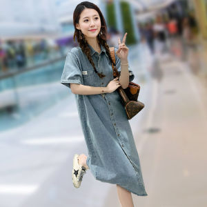 หลวม Fit High เอว เดนิม เดรส ฤดูร้อน สไตล์เกาหลี เดรสเชิ้ต ปุ่มเดียวต่อต้านริ้วรอยคลุมท้อง กระโปรงทรงเอ
