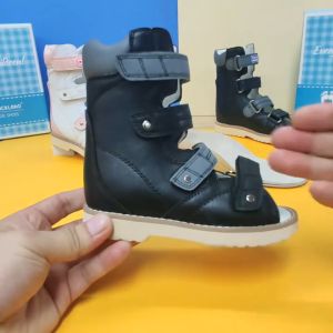 Ortoluckland Boy Kid Orthopedic Shoes For Children Summer Black Leather Sandals Toddler Footwear Flat Feet With Ankle Support