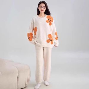 MiiOW | Thickened Long Sleeve Half Fluffy Sleepwear Set For Women Autumn Winter Home Clothes Warm Enough To Wear Outside Sweet Cute Style