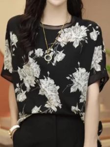 Summer 2025 Womens Short Sleeve T-Shirt Premium Lightweight Versatile Print Design Sensation Meat Covering Mommy Fashion Top