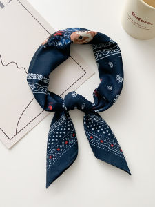 WEIAI | Fashionable Korean Spring Summer New Style Raf Bear Silk Scarf Face Wrap Headscarf Turban Dark Blue Retro Trendy Clothing Accessory