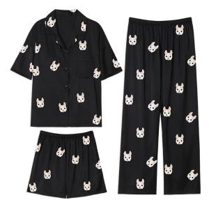 Miiow | Cat Woman Summer Ice Silk Short Sleeve Sleepwear Set With Chest Pad Three Pieces Home Clothes For Women Sweet Cute Style