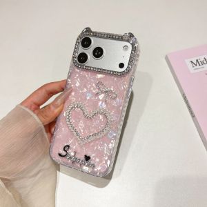 EOENKK | Luxury Diamond Love Heart Shell Texture Phone Case For iPhone 11 12 13 14 15 16 17 Pro Max Plus Shockproof Women INS Phone Cover
