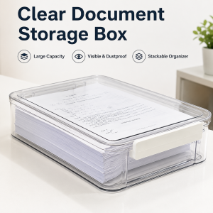 Transparent A4 Document Storage Box Stackable Dustproof Plastic File Organizer with Lid for Papers Certificates Students Home Of