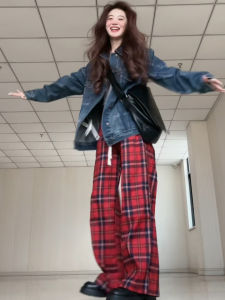 Red Scottish Plaid Pants Womens Summer American Retro Wide Leg Casual Spring Autumn Walking Trousers Small Size High Waist