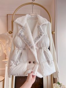 Thickened Lamb Velvet Jacket Vest Womens Design Sense Leather Fur Integrated Heavy Work Bead Bread Jacket Vest Cotton Clothes