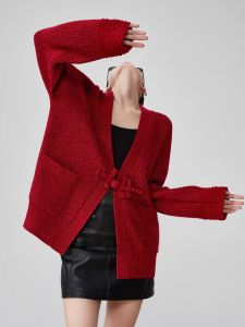 XIAODADEHUA | Loose Knit Cardigan with New Chinese Style Red Dragonfly Buttons