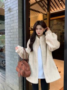 Thickened Long Mid-Length Fox Fur Coat Womens Fluffy Plush Stand Collar Eco-Friendly Artificial Leather Jacket Winter Outerwear