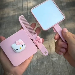 Gương Lược Mini Hello Kitty Đính Nơ Hồng Siêu Dễ Thương Gương Cầm Tay Thiết Kế 2 Trong 1 Kèm Lược Nhỏ Gọn Tiện Lợi
