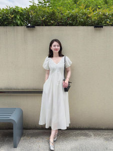 QINGMUZI | French Elegant V-Neck Puff Sleeve Slimming Waist Dress