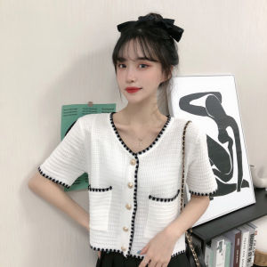Womens Summer Thin V-neck Lace Slim Short-sleeved Knitted Sweater Top