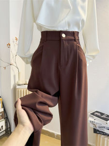 กางเกงขายาวทรงหลวมเอวสูงสีแดงสำหรับผู้หญิง กางเกงขายาวทรงตรง กางเกงขายาวทรงขากว้าง กางเกงขายาวทรงหลวม กางเกงขายาวทรงหลวม