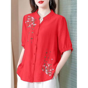 QIAOXIZI | Relaxed Slimming & Concealing Cotton Linen Embroidered Shirt