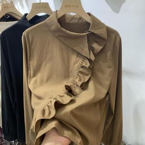 Fashionable Asymmetrical Hem Chiffon Shirt Womens Spring Autumn New Korean Style Button Side Lace Trim Top Long Sleeve Polo Collar